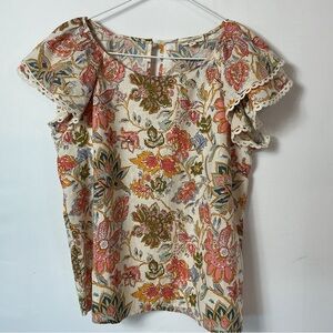 Christian Siriano Cream Floral Flutter-Sleeve Top with Pink & Olive Motifs